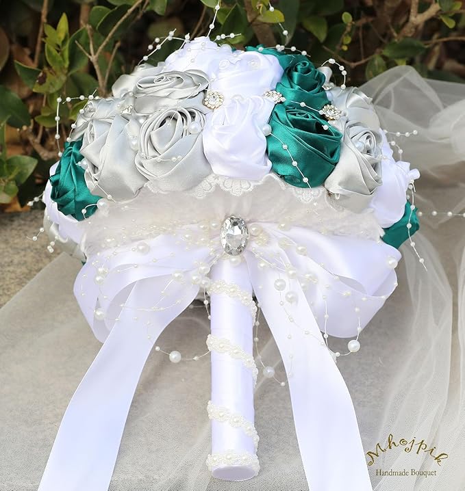 Bridal Wedding Bouquet Round Bling Brooch Bouquet Throw Toss Artificial Rose Flower Bunch for Bride Bridesmaid Wedding Quinceanera(Dark Green, Silver & White, 6.3")