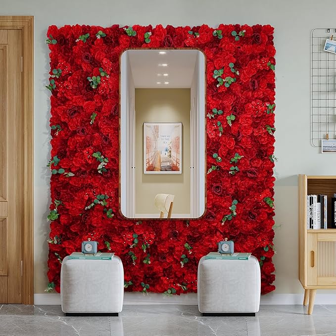 Artificial Flower Panels for Wall Backdrop 12Pack- 3D Floral Mat Silk Rose Hydrangea for Home Party Wedding Birthday Photo Background, Festival & Event Wall Décor（15 * 15 * 6.7inches, Dark Red）