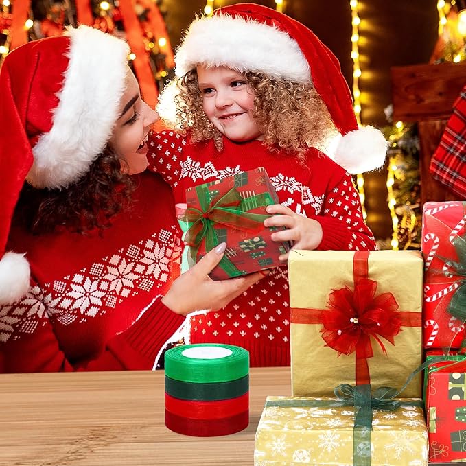 DECYOOL 4 Rolls 200 Yards Christmas Ribbons for Gift Wrapping, 4/5" Wide Christmas Organza Ribbon Xmas Holiday Chiffon Ribbons for Wreaths Festival Decoration (Red, Green, Wine Red, Dark Green)