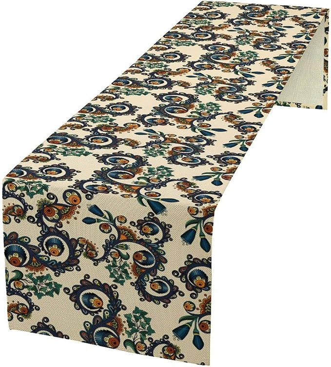 Vintage Bohemian Table Runner, Boho Blue Orange Ornate Paisley Print Table Runner for Kitchen Dining Home Party Decor, 13x120 Inch
