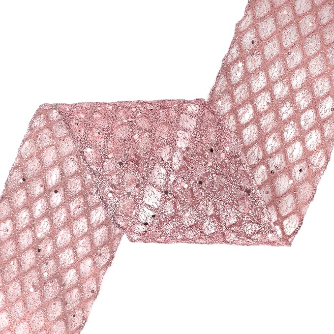 VATIN 4" Rose Gold Christmas Ribbon, Rose Gold Glitter Mesh Diamond Web Sequin Dots Wired Christmas Ribbon for Gift Wrapping Bow Making Wreath Supply-10 Yards