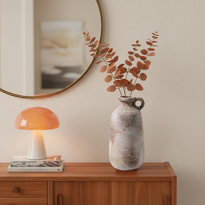 Sunddo 10 Inch Rustic Terracotta Ceramic Vase, Farmhouse Vintage Flower Vase with Handle, Centerpiece Table Decorations, Living Room Kitchen Bedroom Desk Shelf Decor Gift