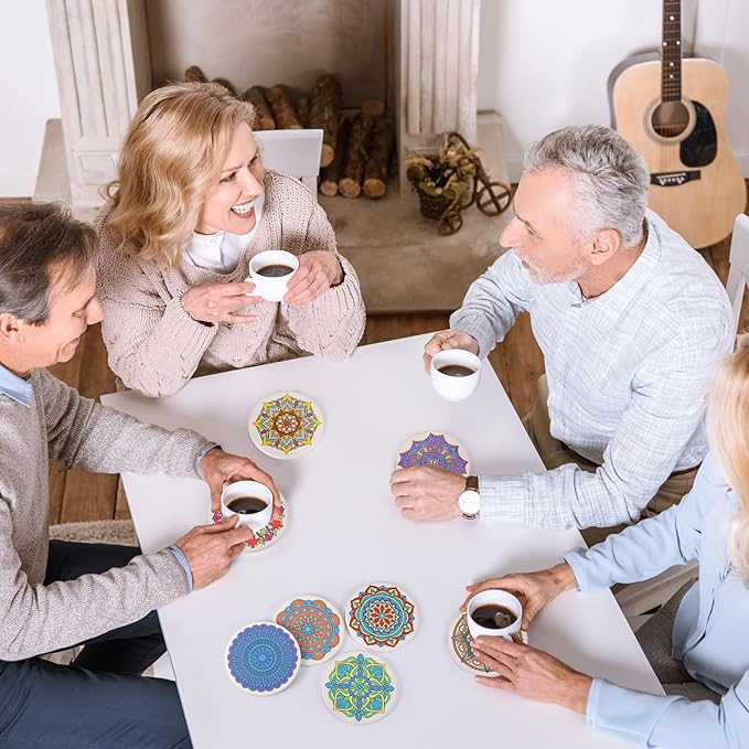 10 Pcs Ceramic Coasters for Drinks Color Your Own Coaster Set DIY Absorbent Cup Mat with 12 Markers and Cork Base Gift Arts and Crafts for Coffee Table Apartment Bar Home Decoration (Mandala)