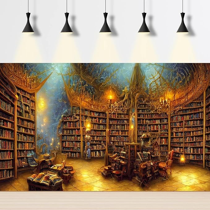 Medieval Fairytale Library Backdrop Vintage Bookshelf Backgrounds Cozy Bookcase Old-Fashioned Library Room Magical Books Photography Background Magic Books Theme Party Decorations Props 10x6.5ft