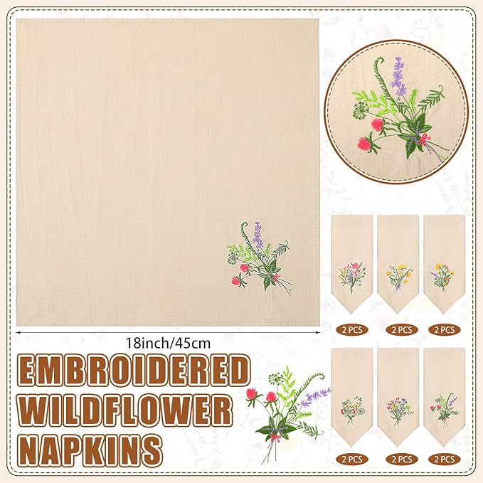 Tioncy 12 Pcs Christmas Floral Cloth Napkins Decorations Bulk Embroidered Wildflower Dinner Napkins Tea Cocktail Party Gifts Xmas Stocking Stuffers for Holiday Table Decor (Linen)