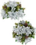 BLOSMON Poinsettias Artificial Christmas Flowers: 2 Pcs Silver Glitter Fake Christmas Floral Ball Centerpieces for Tables Decoration Silk Faux Poinsettia Holiday Flower Arrangement Xmas Plants Decor
