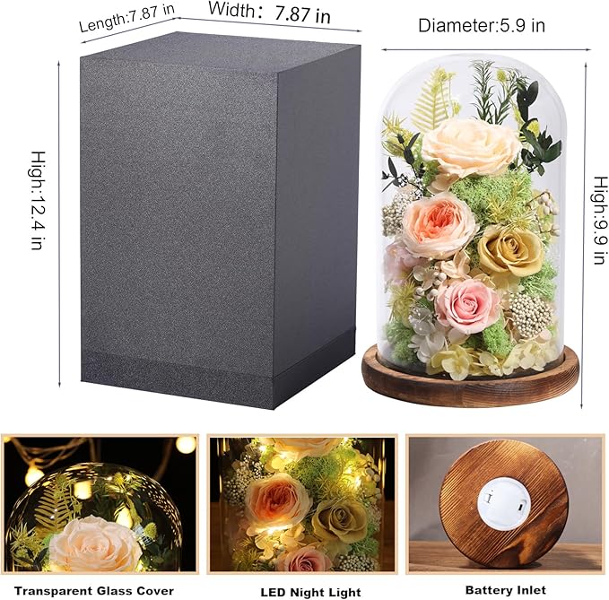 Flowers for Delivery Preserved Flowers Rose in Glass Dome,Champagne Rose Forever Flowers Birthday Gifts for Women Mom Grandma Friend Gifts for Her,Home Decor