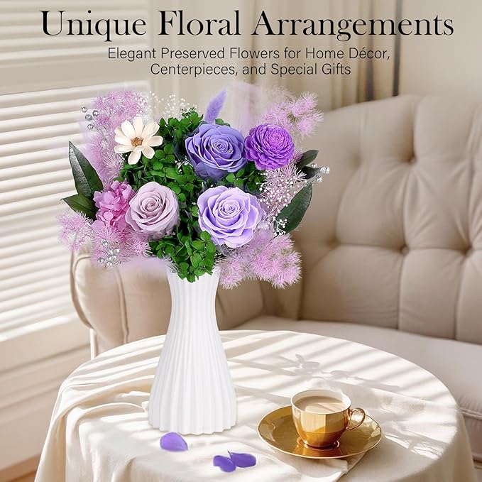 Preserved Flowers Bouquet - Forever Flowers for Delivery, Real Eternal Roses Bouquet Gifts for Women Mother Mom Girlfriend Wife Anniversary Birthday Present for Her, Light Purple
