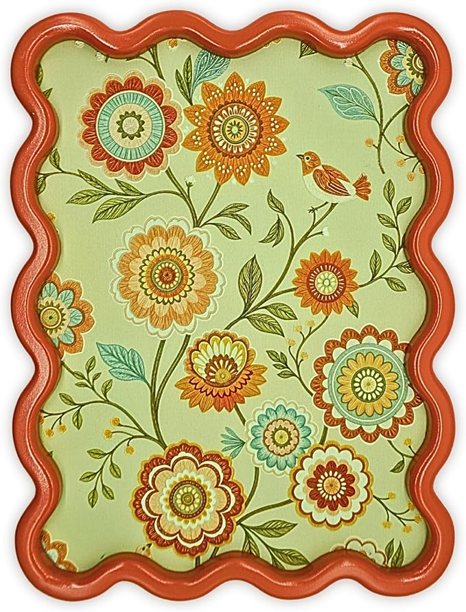 TAKORO 3D Wavy Wall Art, 11.8" x 15.75" Framed Canvas – Textured Floral & Bird Relief on Waterproof Canvas, Orange-Red Wavy MDF Frame, Modern Rustic/Boho Wall Decor for Living Room Bedroom Hallway
