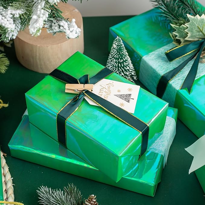 Christmas Green Iridescent Gift Wrap Paper - 17Inch x 33Feet - Luxury Solid Color Metallic Holographic Green Gift Wrapping Present Paper for Christmas, St.Patrick Day, Birthday, Weddings, Anniversary