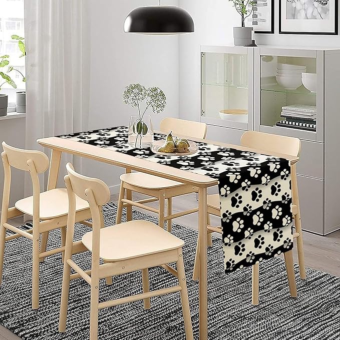 Dog Paw Table Runner,Kid Cute Animal Footprint Black White Theme Design Print Tablecloth Burlap for Hotel Indoors Outdoor Dining Room Kitchen Home Decor,W13X L36 in
