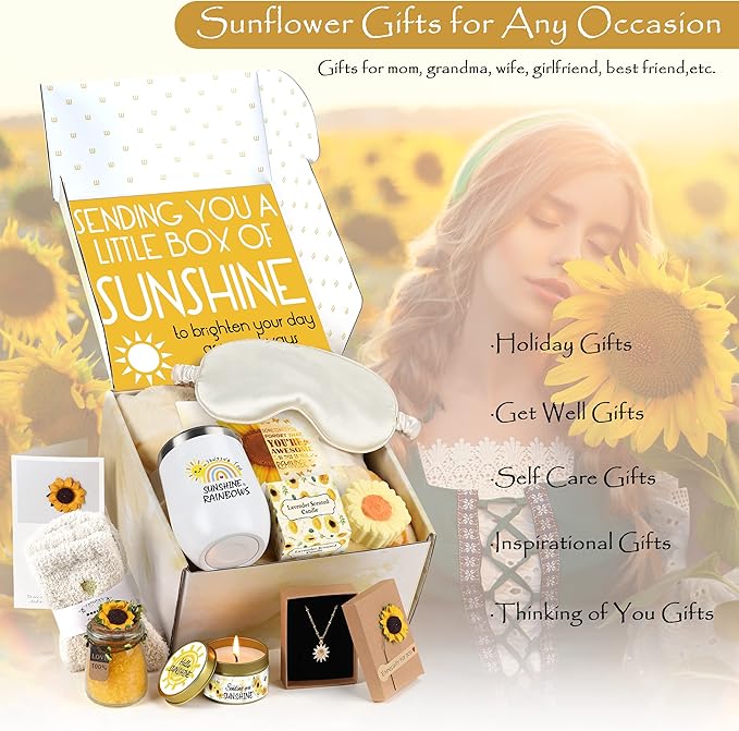 Sunflower Gifts for Women Sending Sunshine Gift-Birthday Christmas Gifts for Women Unique-Thank You-Self Care Package-Get Well Gift-Inspirational Spa Gift Basket for Mom Grandma Wife Friends Sister