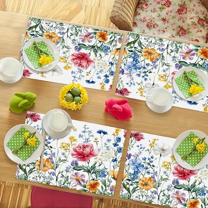 Poppy Floral Placemats Set of 4, Watercolor Wildflower Place Mats, Leaves Spring Dining Table Mats, Washable Flower Placemats for Kitchen Dining Room Home Decor 18L'' × 12W''