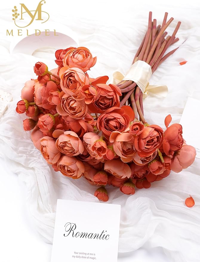 Meldel 32Pcs Ranunculus Artificial Flower, Burnt Orange Faux Ranunculus Flowers for DIY Bouquet, Rose Bulk Fake Peony Wedding Filler Flowers for Centerpieces Arrangements Bridal Shower Decorations