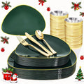 DaYammi 180Pcs Green Plastic Plates, Green Gold Disposable Plates with Gold Silverware Dinnerware Set Include: 30 Dinner Plate,30 Dessert Plate,90 Plastic Cutlery,30 Cups for Christmas Party Holiday