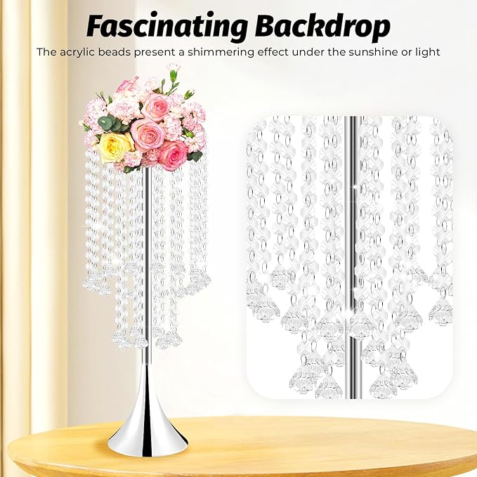 10 Pack 21.9"/55.6cm Tall Crystal Beaded Flower Stands, Metal Wedding Centerpiece Vases for Table/Aisle Decor - Reusable Event Centerpieces for Home, Party, Hotel (Silver)