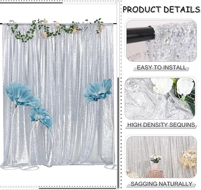 Silver Sequin Backdrop 10FTx10FT 1 Panel Sparkle Backdrop Curtain Glitter Background Drape for Weddings Showers Parties Birthday Christmas Photography