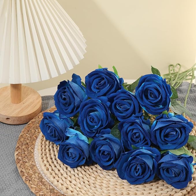 50Pcs Blue Roses Artificial Flowers Fake Roses Faux Velvet Silk Flower for Home Wedding Decoration (Pearl Rose, Blue)