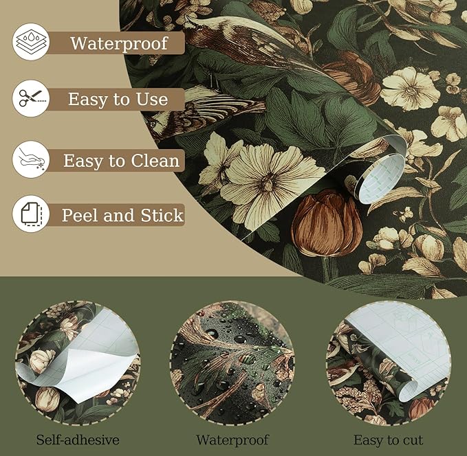 Erfoni 17.3" x118" Vintage Floral Peel and Stick Wallpaper Dark Floral and Bird Contact Paper DIY Self Adhesive Removable Wallpaper for Bedroom Cabinets Decor Retro Boho Flower Leaf Wall Paper
