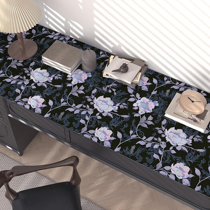 Black White Blue Floral Peel and Stick Wallpaper Flowers Contact Paper 17.5"x118" Self Adhesive Waterproof Vintage Dark Floral Wall Paper for Shelf Liner Cabinet Decor