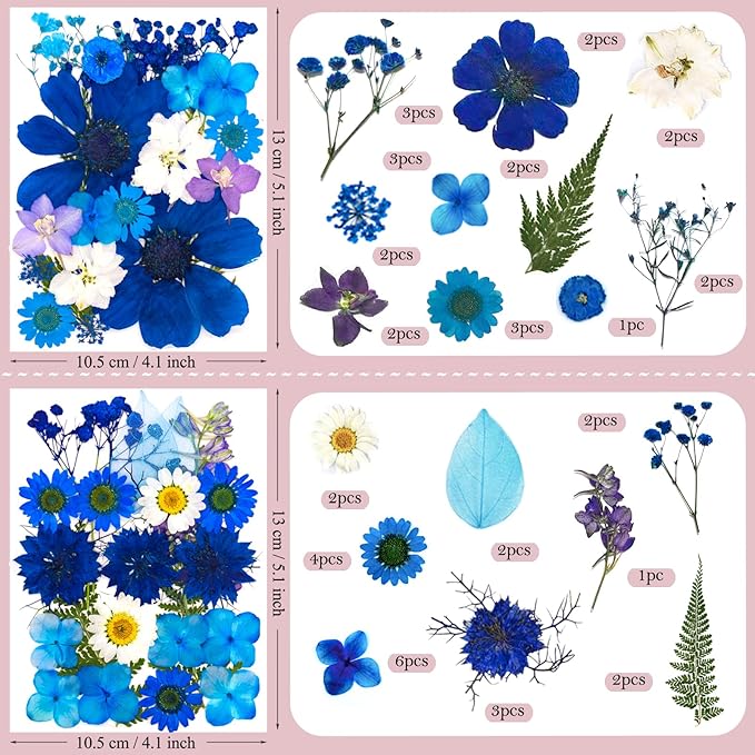 95 Pcs Blue Pressed Dried Flowers for Resin, Real Natural Bulk Dry Wildflowers Leaves Perfect for Epoxy Molds, DIY Crafts, Soap Candles Jewelry Making, and Home Decor