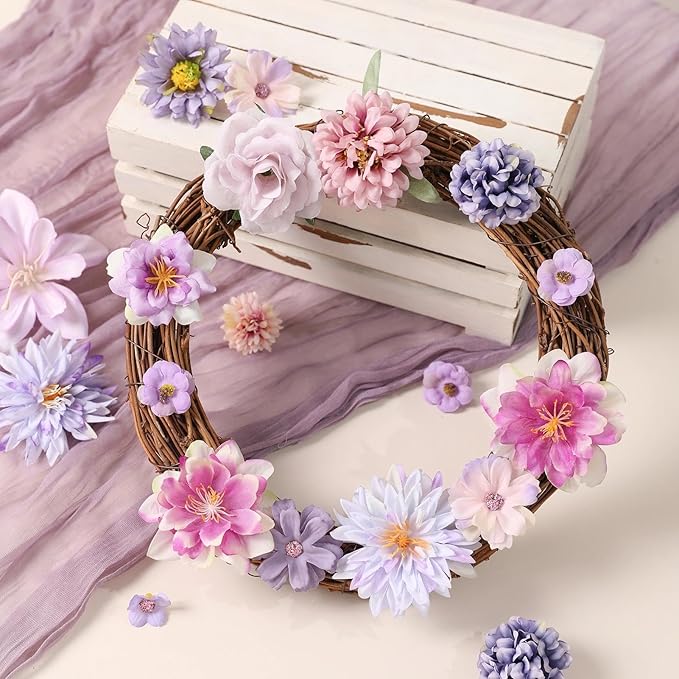 Artificial Flowers Heads Combo Purple Flowers Mix Silk Flowers Heads Bulk Faux Rose for Craft Garland Graduation Cap Wedding Bridal Baby Shower Home Party Decoration DIY Cake Decor
