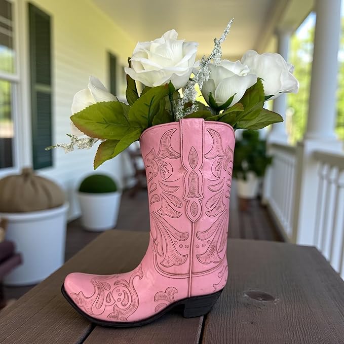 Top Brass Pink Cowboy Boot Vase – Tooled Leather Look Western Decor for Flowers/Stand Alone Accent – Resin Cowgirl Planter with Intricate Design & Protective Pads – Rustic Country Home Art, 10” Tall