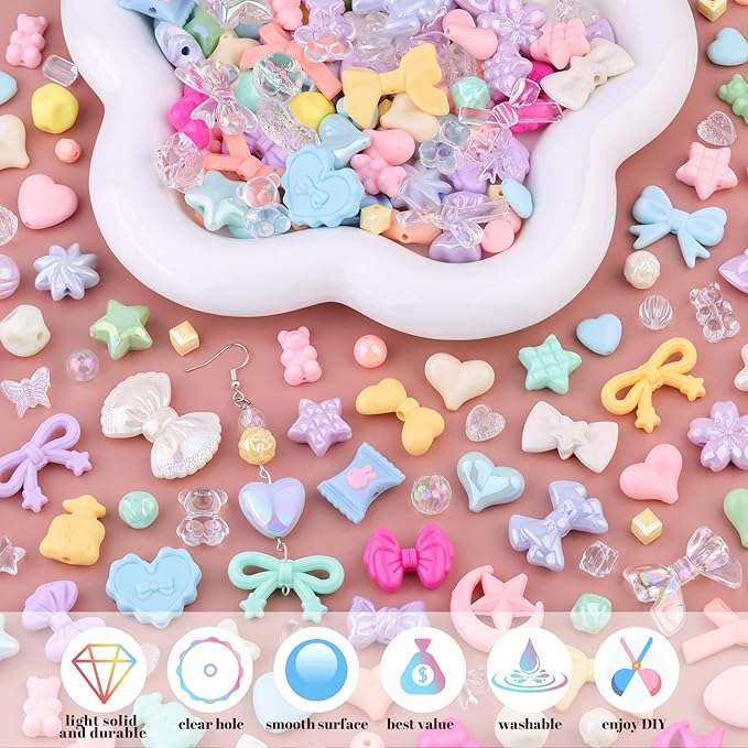 Assorted Acrylic Beads, 200-260PCS Macaroon Color Cute Beads for Bracelet Making, GummyBear Bow Candy Kawaii Charms for Jewelry Making DIY Necklace Keychain Phone Charm Christmas Gift