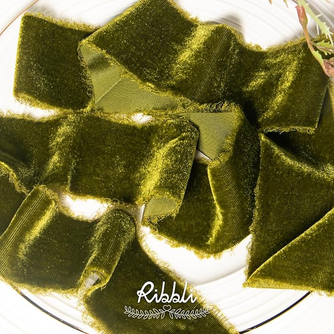 Ribbli Moss Green Velvet Ribbon 1.5 Inch Handmade Frayed Vintage Christmas Ribbon for Gift Wrapping Christmas Tree Ornament Wreath Craft Home Decor -3 Yards