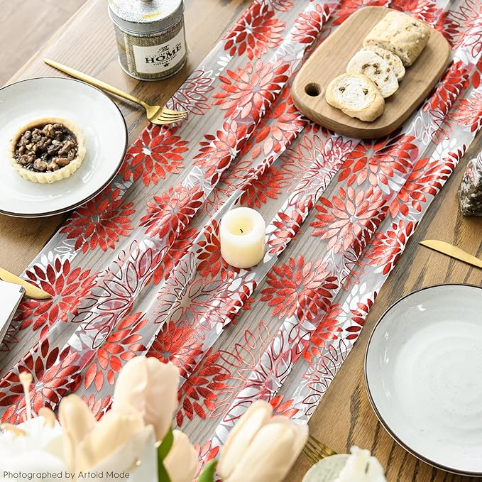 Artoid Mode 3PCS Beige Red Dahlia Flower Gauze Table Runner 120 Inch 10FT, Glitter Metallic Foil Seasonal Sheer Dining Holiday Table Decor for Home Party