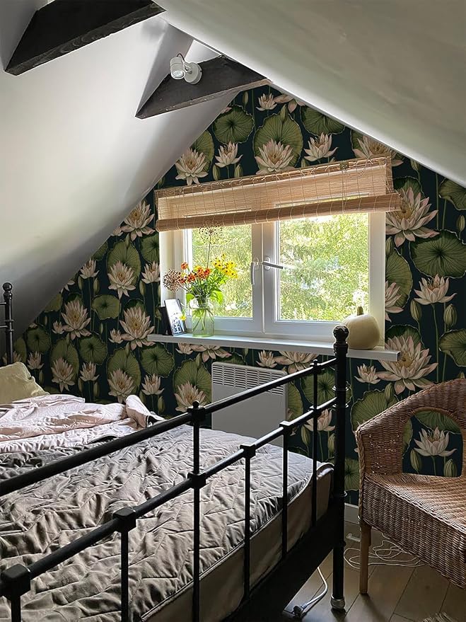 Orainege Vintage Floral Peel and Stick Wallpaper Floral Contact Paper 16.9"x196.8" Lotus Leaf Wallpaper Peel and Stick Self Adhesive Wall Paper for Bedroom Bathroom Covering Wall Decorative