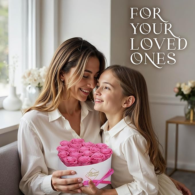 GLAMOUR BOUTIQUE Preserved Roses in a Box - Gifts for Her, Wife & Mom, Rose Flowers Forever Decor for Birthday Gift, Get Well Flower Bouquet Cased in White Box with Cover - Pink - 16-Piece
