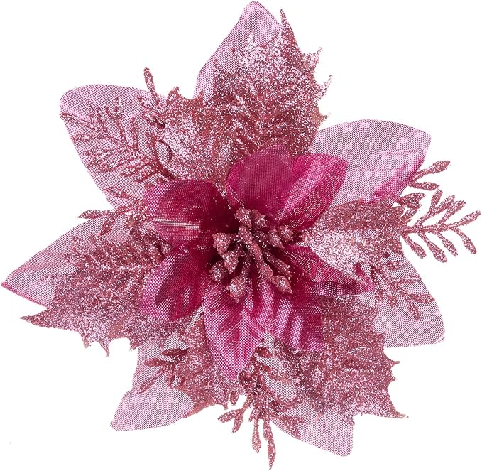 Zhuqing 15Pcs Christmas Poinsettia Artificial Flowers Decorations, Glitter Poinsettia Christmas Tree Ornaments, Black Tree Flowers for Xmas/Wedding/Holiday/Wreath/Garland Decor, with Cilps, 5.5 Inch