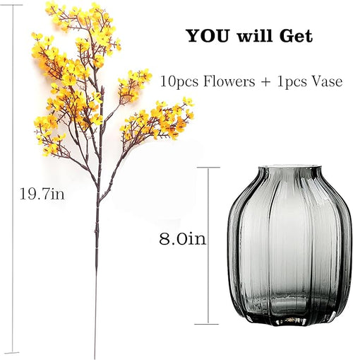10pcs Babys Breath Artificial Flowers With Vase Gypsophila Bouquet Bulk Fake Spring Silk Flowers Real Touch Faux Floral for Home Kitchen Garden Wedding Christmas Decor (Yellow Orange With Vase)