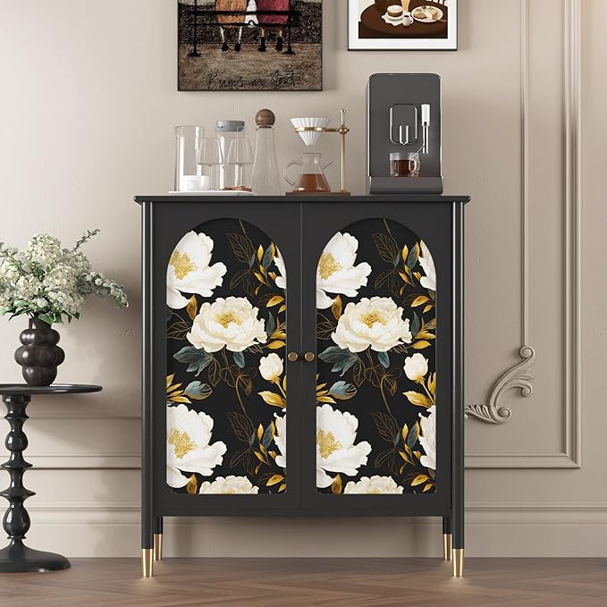 Vintage Dark Floral Wallpaper Peel and Stick, White Peony Flower with Gold Leaf Removable Contact Paper for Bedroom Cabinet Drawer, Boho Botanical Wall Decor Black White Gold 17.5" x 118"