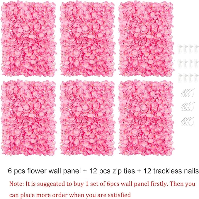 BLOSMON Flower Wall Panel Backdrop - 6 Pcs 24 x 16 Inch Pink Artificial Hydrangea Floral Backdrop for Wedding Party Baby Bridal Shower Decor, Hanging Fake Silk Flower Backdrop Decoration