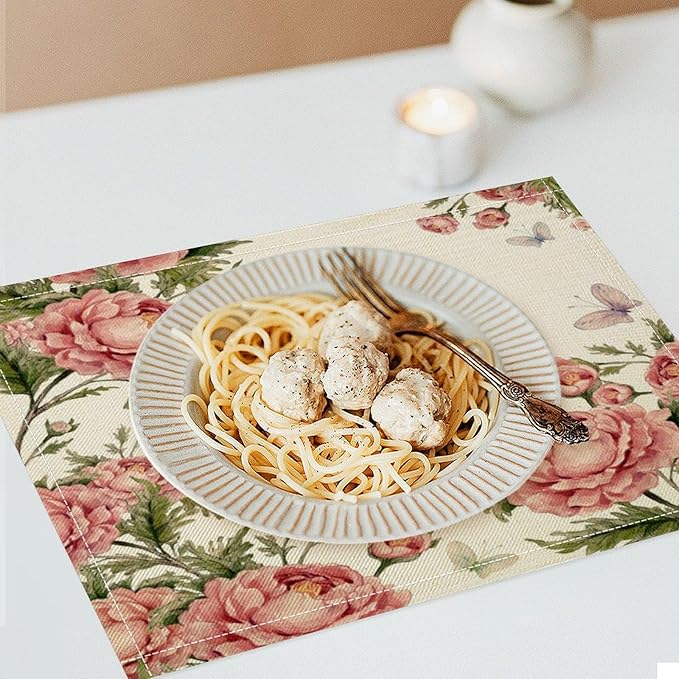 Pink Flowers Placemats Set of 4, 17x12 Inch Rustic Farmhouse Romantic Spring Floral Blossom Butterfly Table Mats for Home Party Kitchen Dining Decor