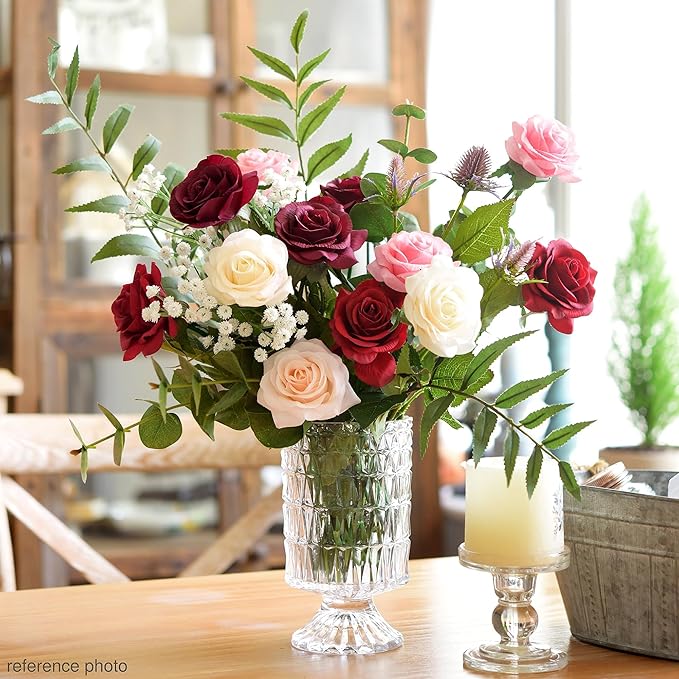FiveSeasonStuff Rustic Mélange Artificial Roses Real Touch Silk Flowers with 12 Stems Wedding Bridal Bouquet Home Décor (Mix Pink, Burgundy & Purple)