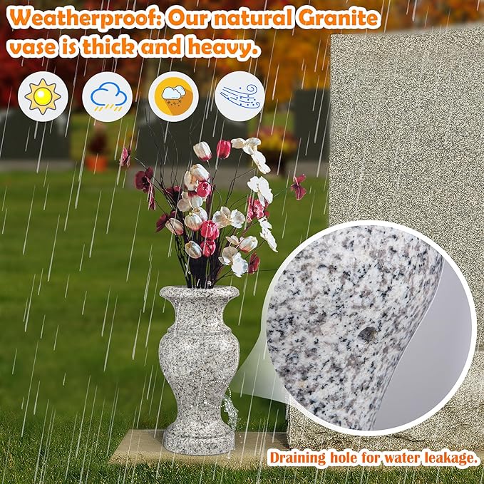 Cemetery Vase, Turned Granite Vase Polished, Memorial Stone Vases with Draining Holes for Home Tabletop, Cemetery Flowers, Grave Headstone Decorations (2Pcs, Grey)