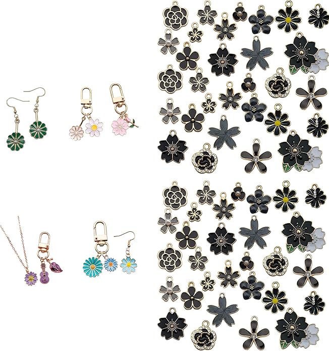 60pcs15 Types Flower Charms For Jewelry Making Enamel Flower Charms For Necklace Bracelet Earring for Gift that Office, Travel & DIY Creators