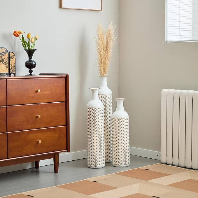 Floor Oversized Gold Metal Decorative Vase with 3D Triangle Pattern Set of 3 Large Vases for Home Living Room 33.5 ", 29.5 ", 25.2" High (Vintage White)