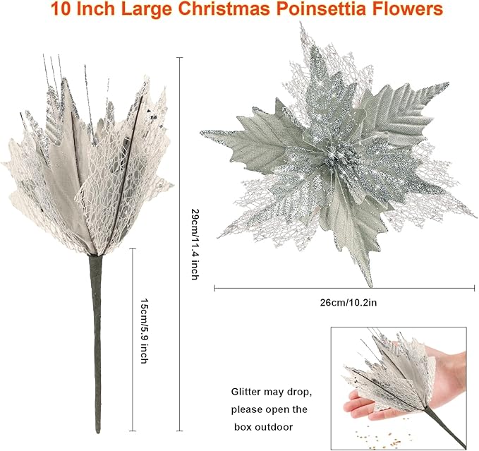 10'' Large Christmas Glitter Poinsettia Flowers Decorations, stadeco 10 Pcs Christmas Tree Picks Ornaments Artificial Flowers with Long Stems for Xmas Tree Wreath Garland Wedding Party DIY Decor