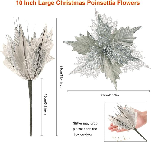 10'' Large Christmas Glitter Poinsettia Flowers Decorations, stadeco 10 Pcs Christmas Tree Picks Ornaments Artificial Flowers with Long Stems for Xmas Tree Wreath Garland Wedding Party DIY Decor