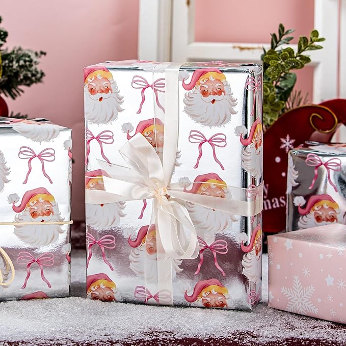MAYPLUSS Christmas Wrapping Paper Roll - 17 Inch X 33 Feet - Pink Cute Bow Santa Claus Reversible Snowflake Gift Wrapping Paper, Thick Wrap Paper for Holiday Party New Year Kids