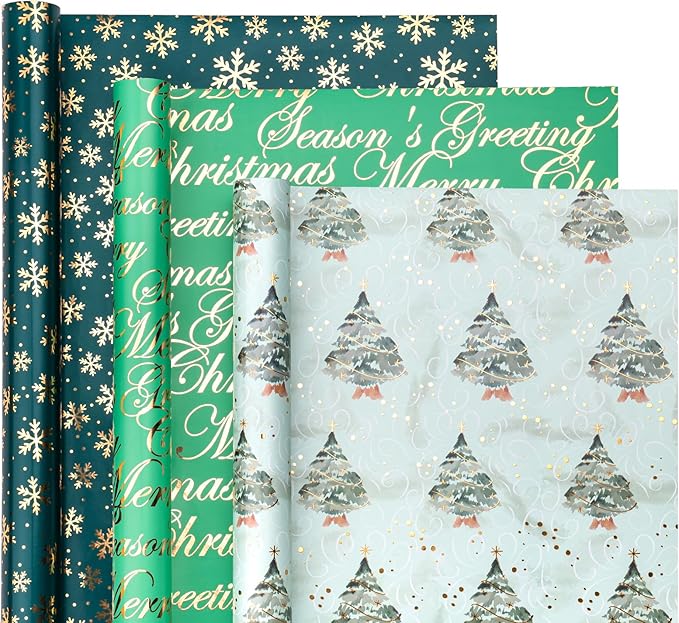 WRAPAHOLIC Christmas Wrapping Paper - 3 Rolls, 17 Inch X 120 Inch Each - Green Foil Christmas Tree, Snowflake Designs with Metallic Shine - Perfect for Christmas, Holiday