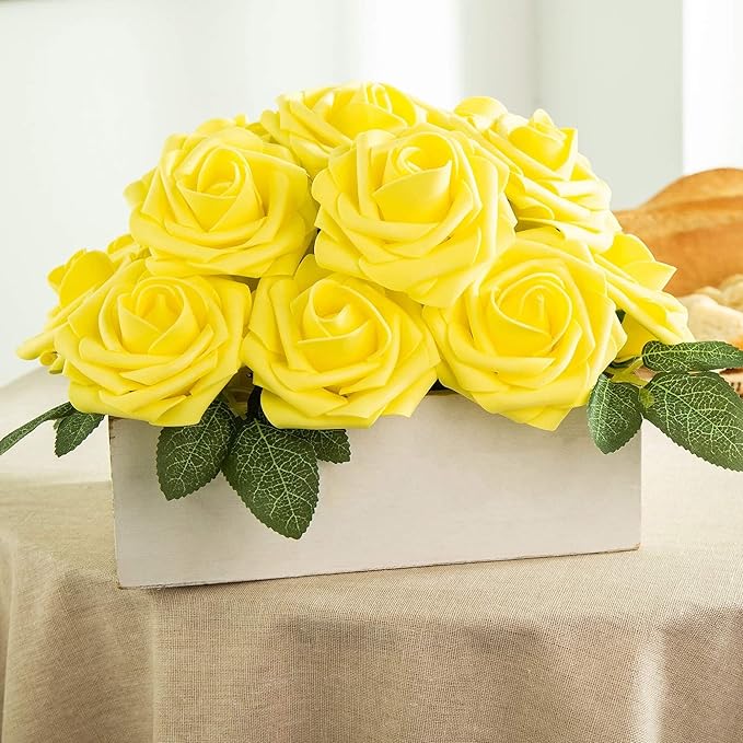 Artificial Flower Foam Rose 25pcs Real Looking Fake Rose with Stems Leaves for Home Decoration Party Garden Centerpieces DIY Wedding Bouquets（Yellow）