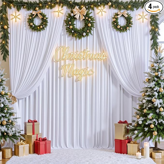 gogoparti 20x12 ft White Wrinkle-Free Backdrop Curtain for Weddings & Parties - 4 Panels (5x12 ft Each) for Birthday, Baby Shower, Halloween Photography Background