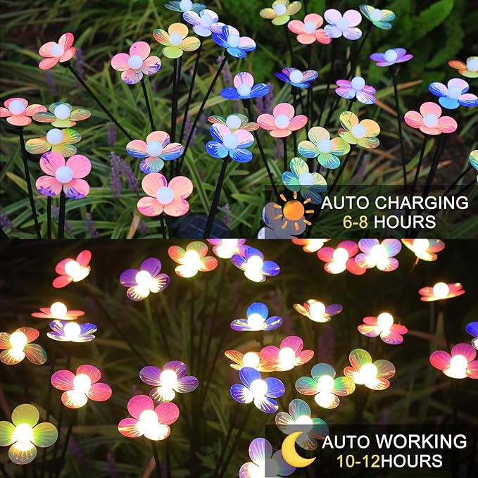 Solar Flower Lights Outdoor Waterproof 4 Pack of 32 LEDs Garden Solar Firefly Lights Decorative for Garden, Yard, Backyard