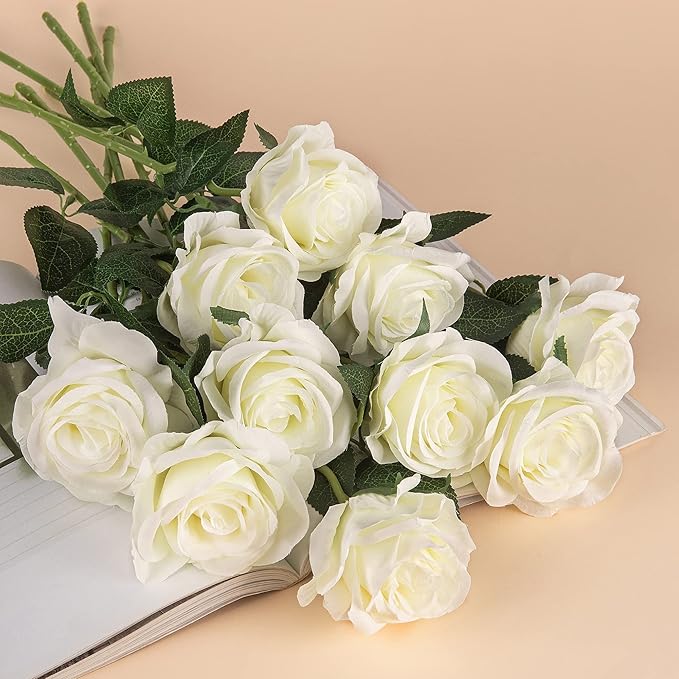 Flojery 10pcs White Silk Roses Artificial Rose Flowers Long Stem for DIY Wedding Bouquet Table Centerpiece Home Décor