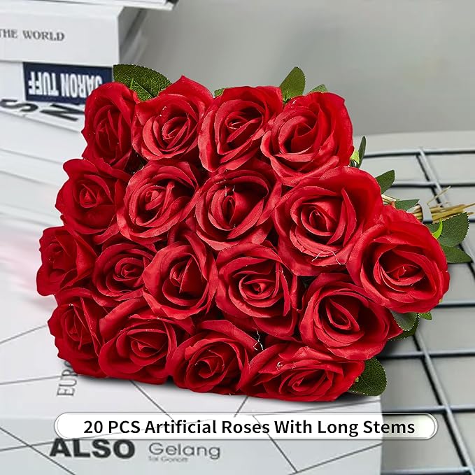 20PCS Artificial Roses with Long Stems - Realistic Silk Flowers, Fake Roses Real Touch Bouquet of Roses for Home Decor, Bridal Wedding Party Table Centerpieces, Bulk Faux Rose Flowers (Red)